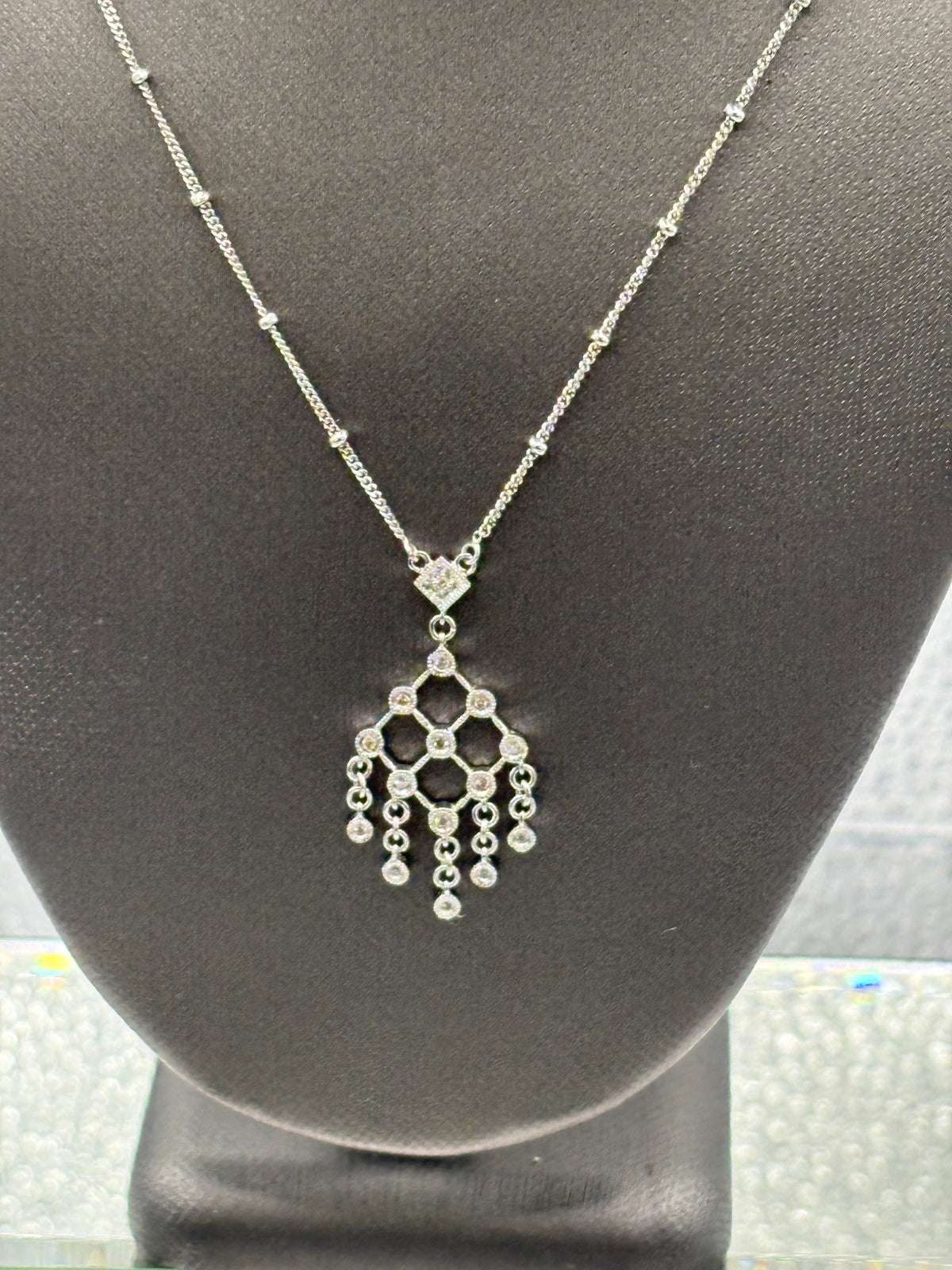 View three of Ladies 14 Karat White Gold Diamond Chandelier Pendant & Chain
