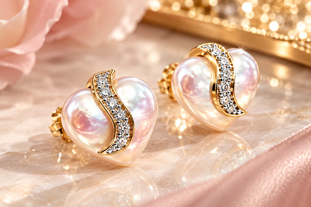 14K Yellow Gold Mother-of-Pearl Heart & Diamond Stud Earrings
