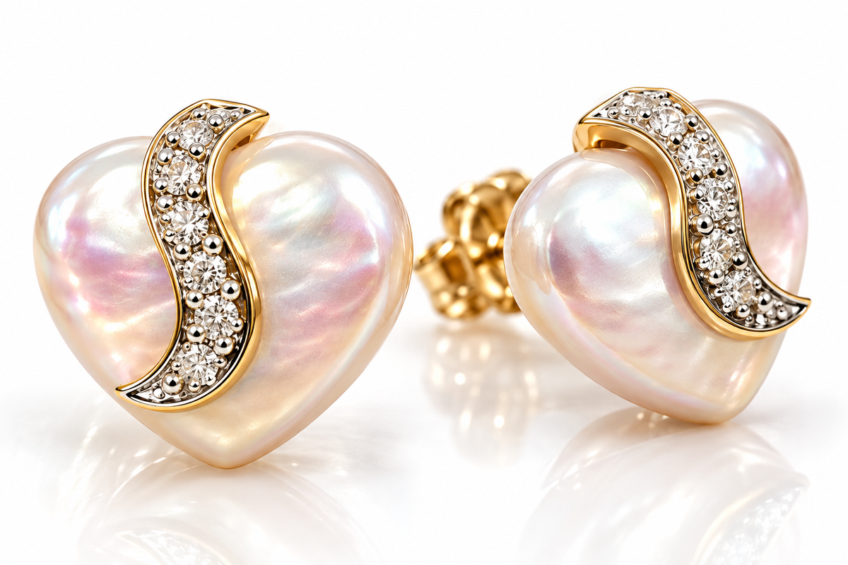 14K Yellow Gold Mother-of-Pearl Heart & Diamond Stud Earrings