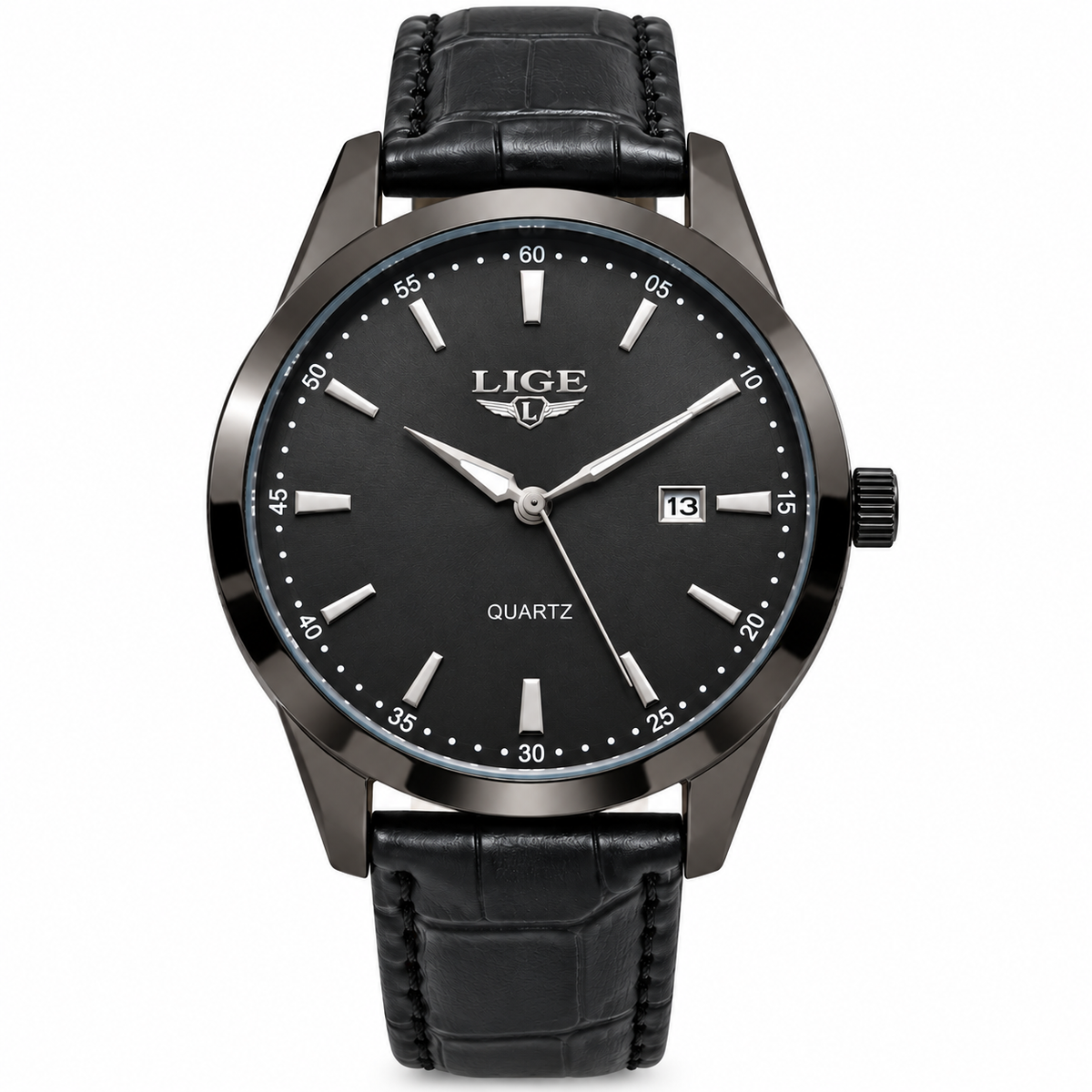 LIGE Men's Black Gunmetal Quartz Watch with Black Leather Strap