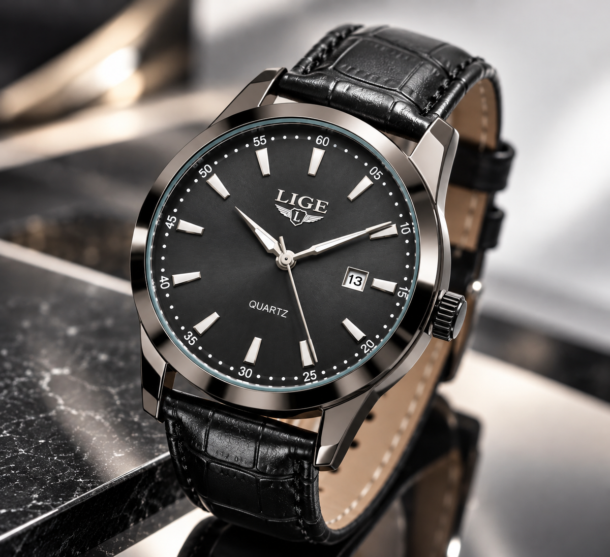 LIGE Men's Black Gunmetal Quartz Watch with Black Leather Strap
