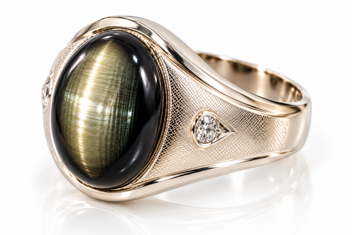 Men's 14K White Gold 28 Carat Natural Black Star Sapphire & Diamond Ring