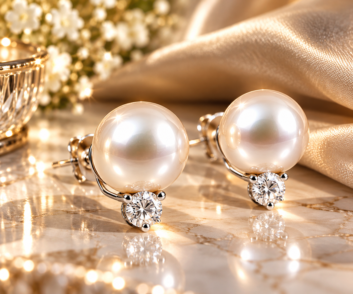 Estate 18K White Gold Natural Pearl & Diamond Drop Stud Earrings – 11.1mm Pearls, 0.50 CTW