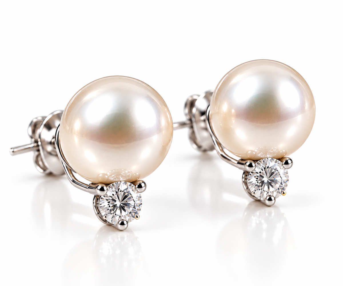 Estate 18K White Gold Natural Pearl & Diamond Drop Stud Earrings – 11.1mm Pearls, 0.50 CTW