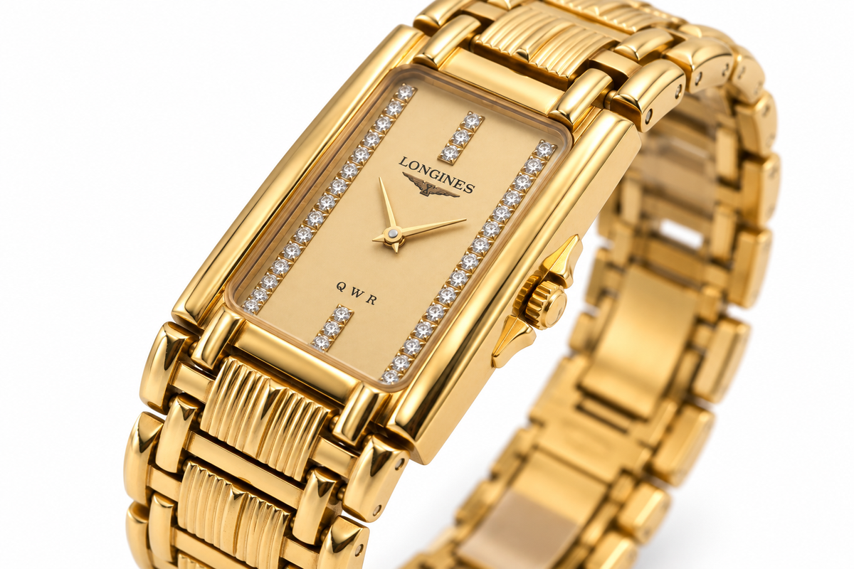 Longines Gold Diamond Dial Rectangular Watch