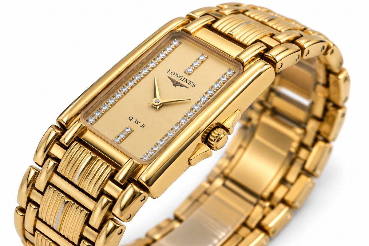 Longines Gold Diamond Dial Rectangular Watch