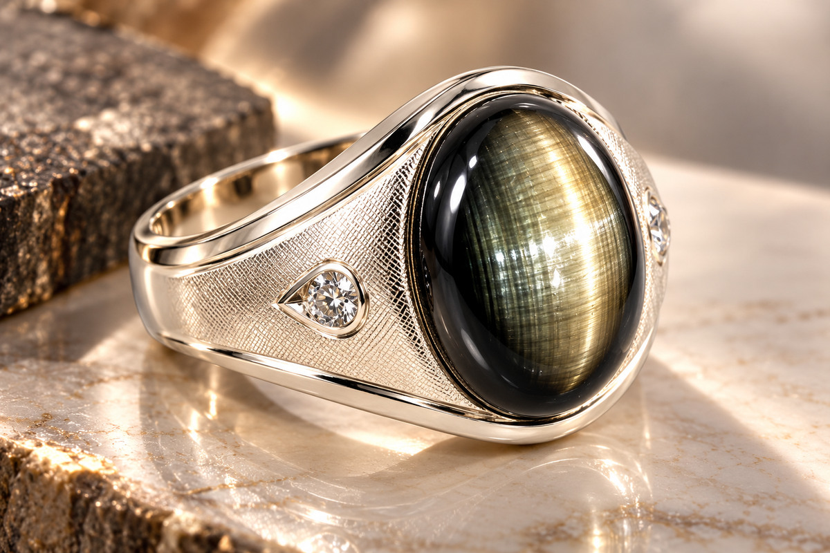 Men's 14K White Gold 28 Carat Natural Black Star Sapphire & Diamond Ring