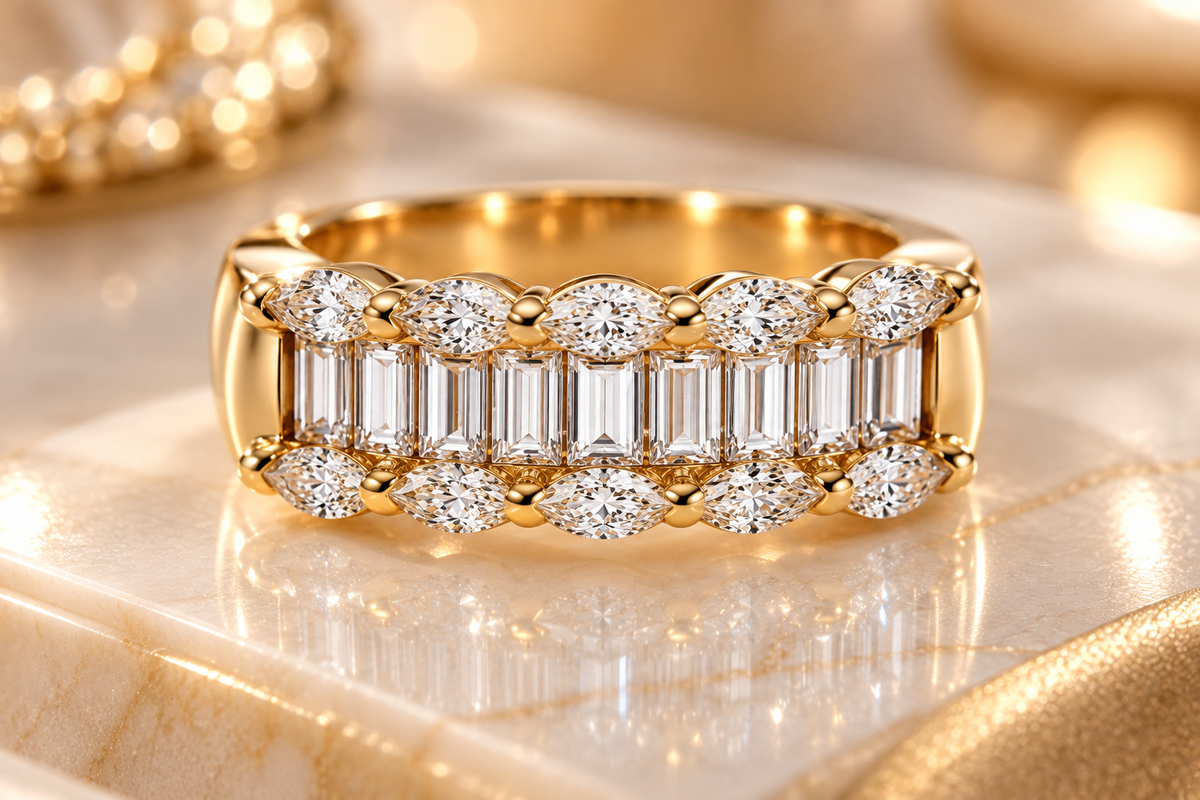 Ladies 14K Yellow Gold 2.65 Carat Diamond Baguette & Marquise Band Ring