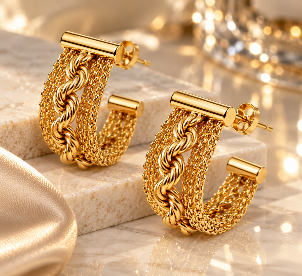14K Yellow Gold Italian Braided Rope & Mesh Hoop Earrings