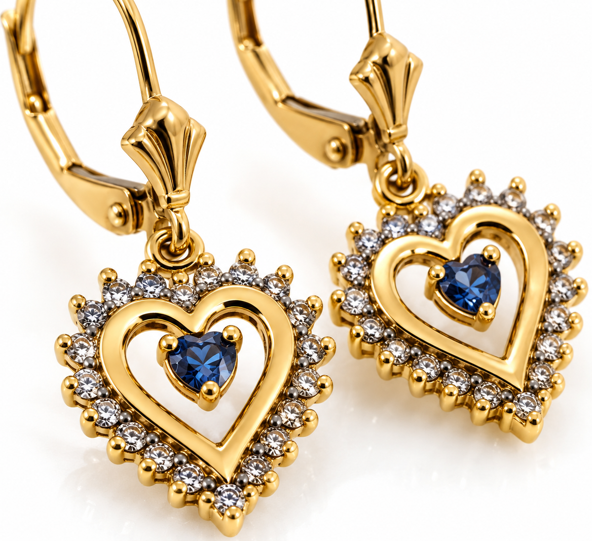 14K Solid Yellow Gold Diamond Heart Drop Earrings with Floating Blue Topaz