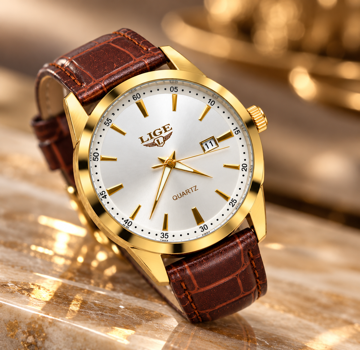 LIGE Men's Gold-Tone Quartz Watch with Silver Dial & Brown Leather Strap
