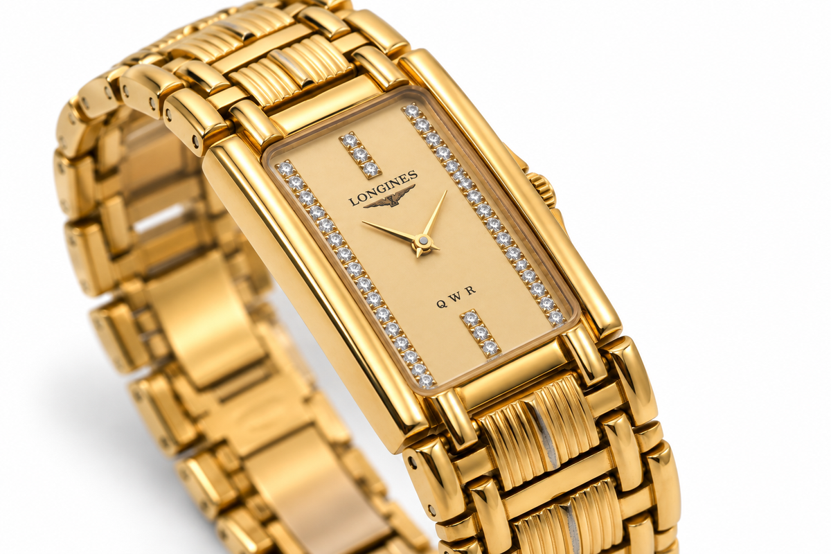 Longines Gold Diamond Dial Rectangular Watch