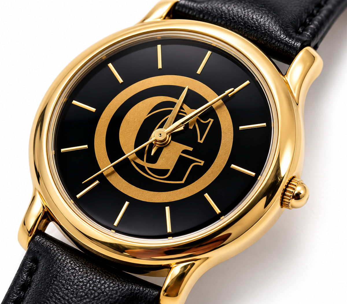 Gold-Tone Monogram Quartz Watch with Black Dial and Leather Strap, photo 2