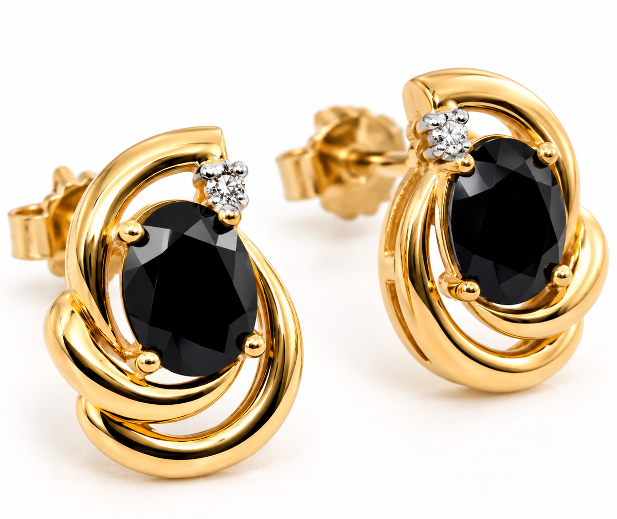 Ladies 14K Yellow Gold Oval Blue Sapphire & Diamond Swirl Stud Earrings