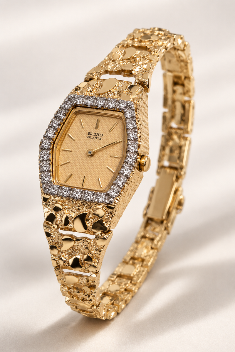 14 Karat Yellow Gold Vintage Ladies Seiko Diamond Nugget Watch