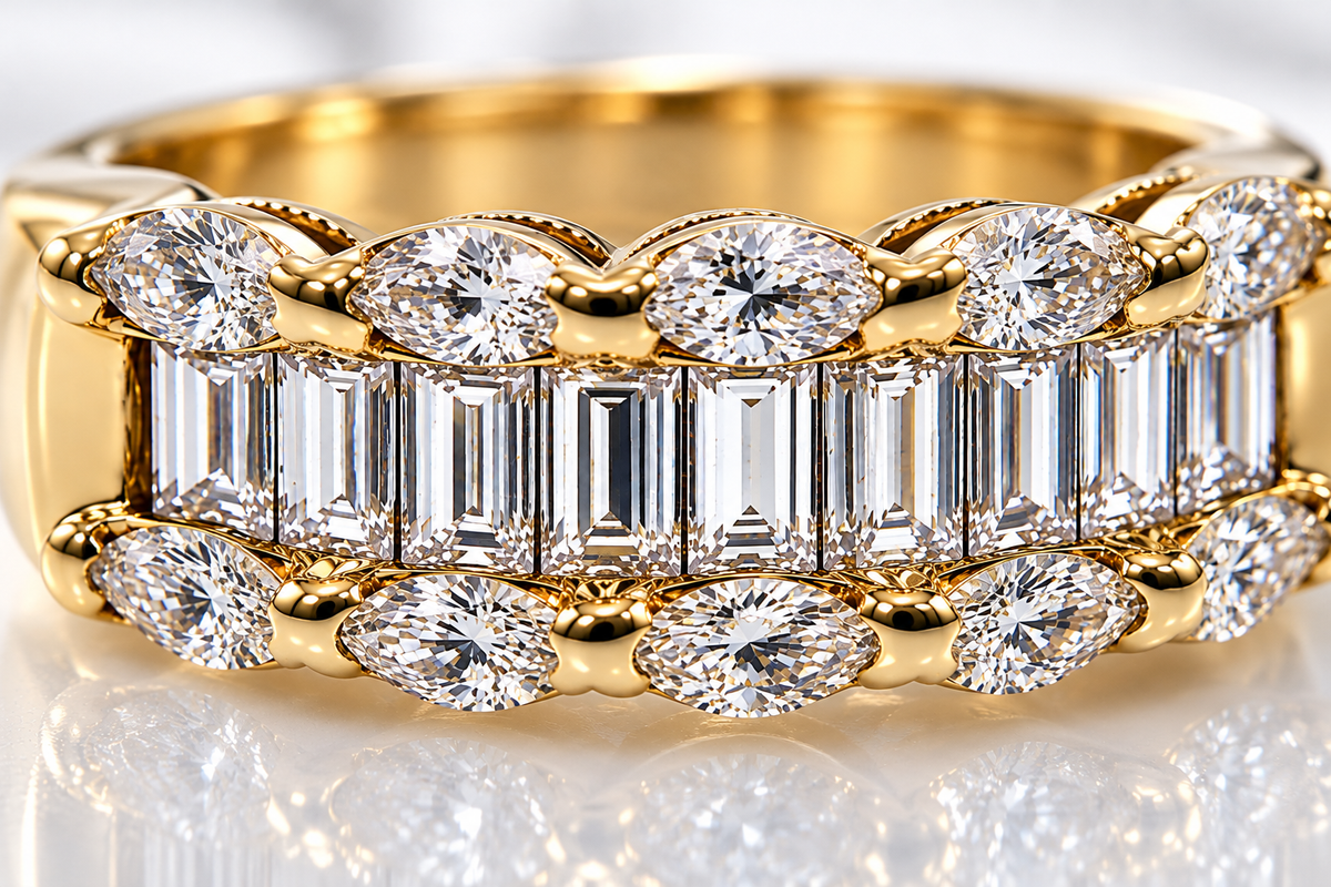 Ladies 14K Yellow Gold 2.65 Carat Diamond Baguette & Marquise Band Ring