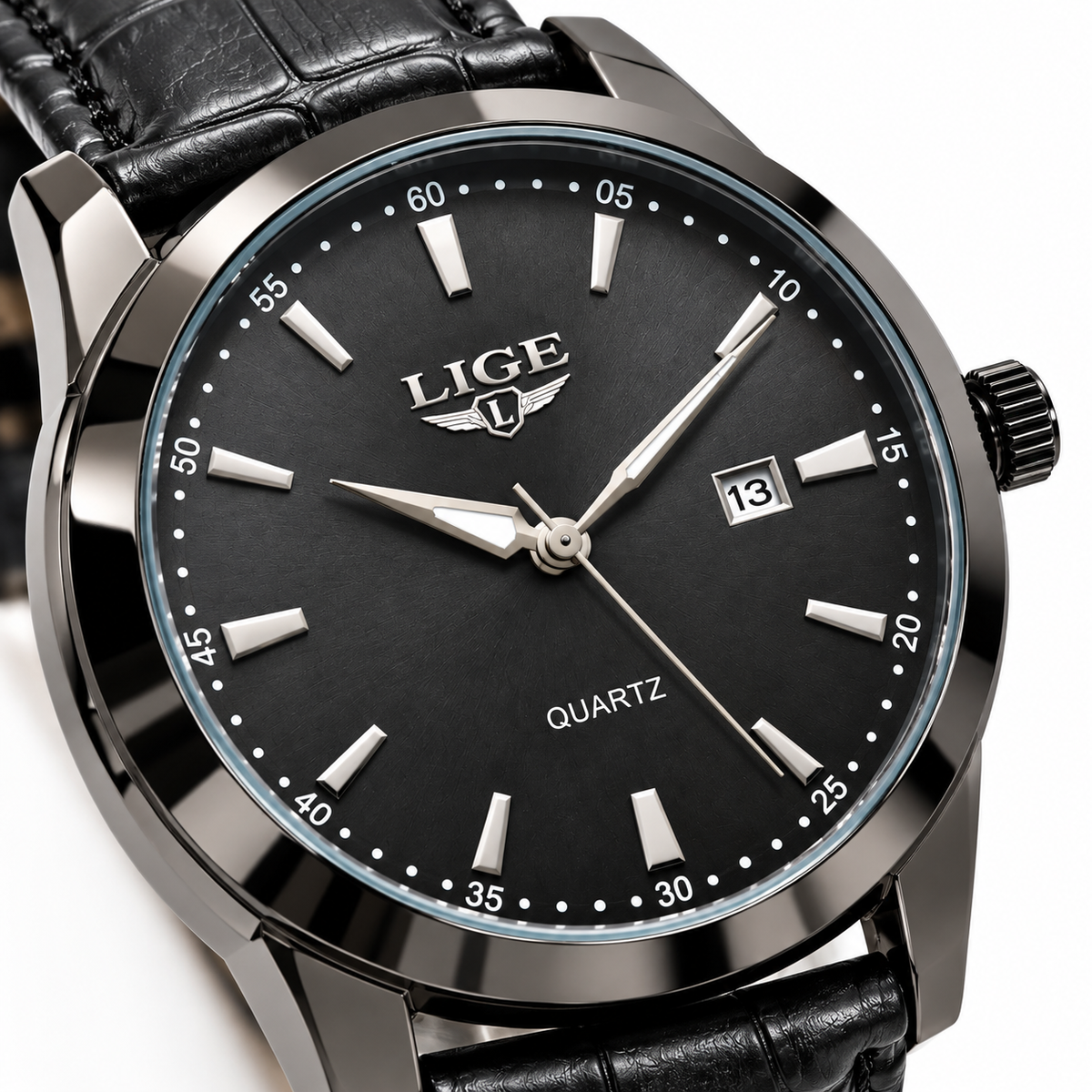 LIGE Men's Black Gunmetal Quartz Watch with Black Leather Strap