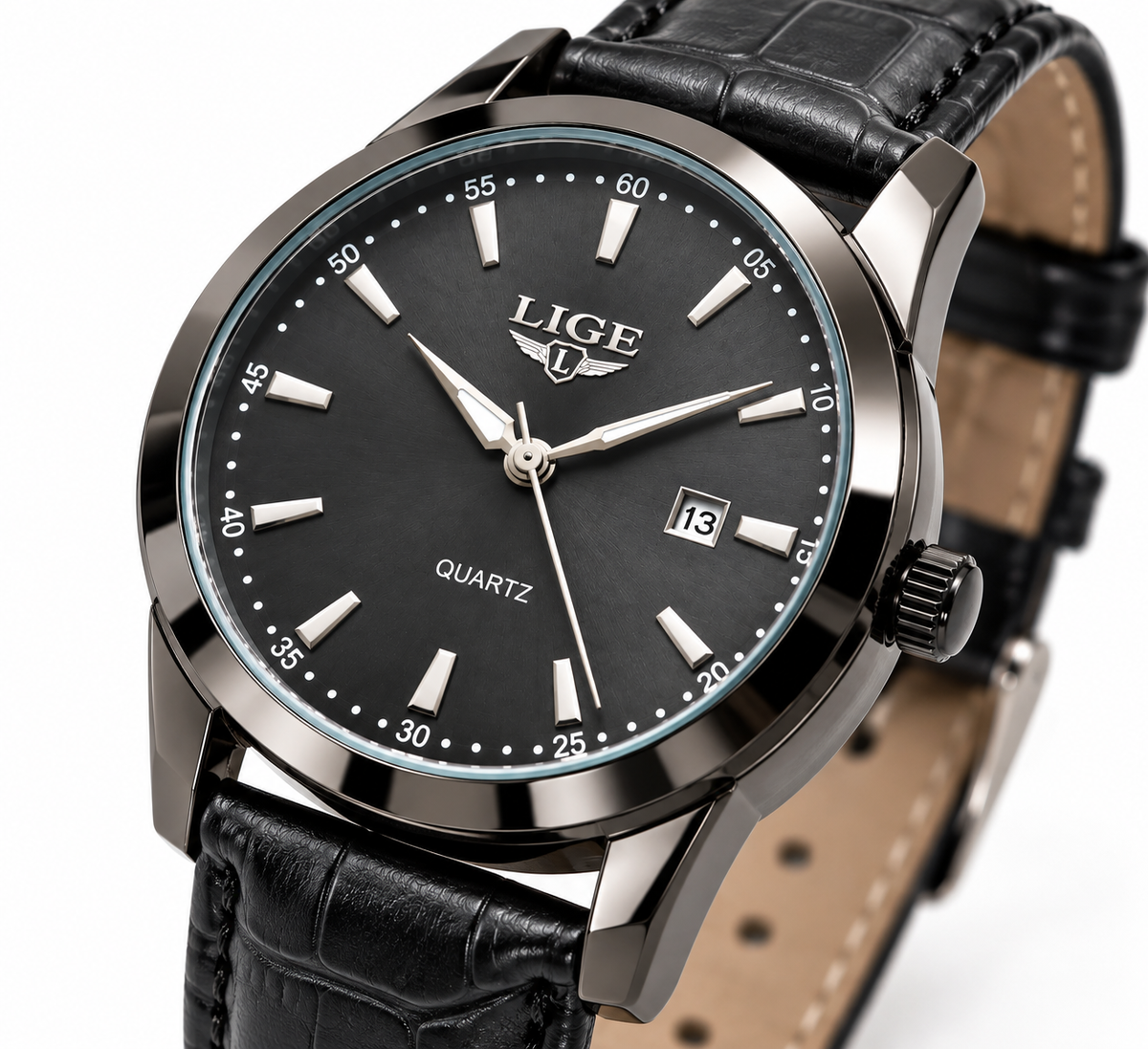 LIGE Men's Black Gunmetal Quartz Watch with Black Leather Strap