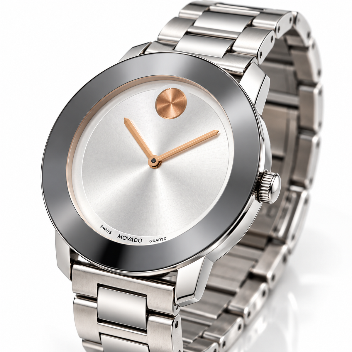 Movado Swiss Quartz Stainless Steel Watch – Silver Dial with Rose Gold Accents – 36.4mm, photo 6