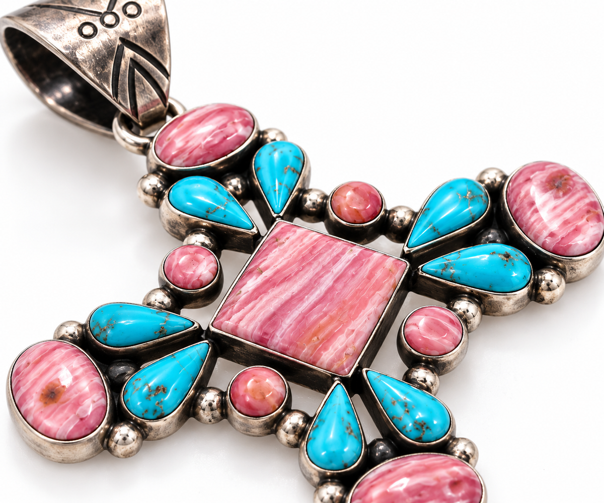 Turquoise and Pink Cabochon Cross Pendant in Antiqued Silver