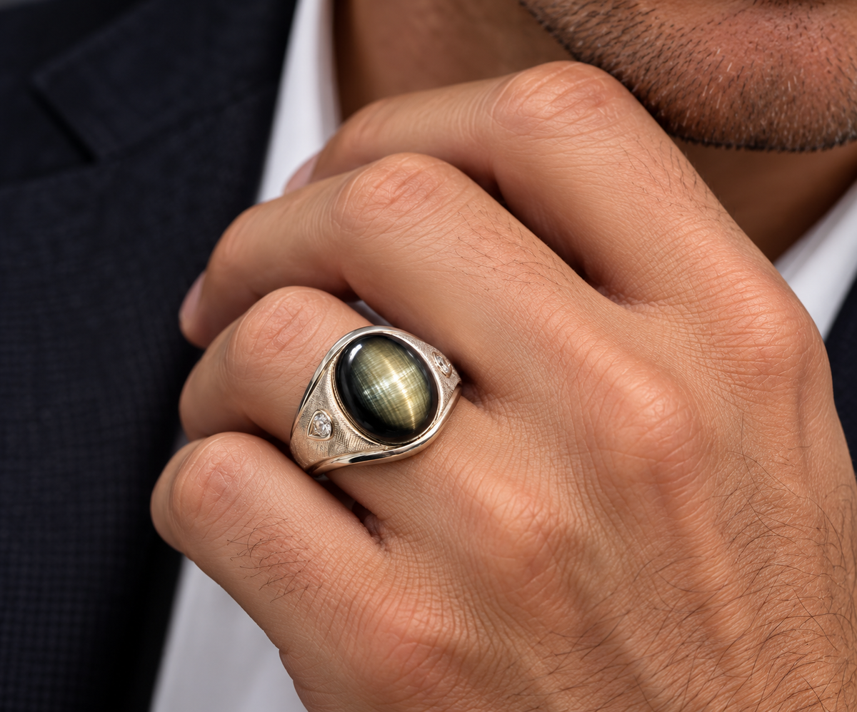 Men's 14K White Gold 28 Carat Natural Black Star Sapphire & Diamond Ring