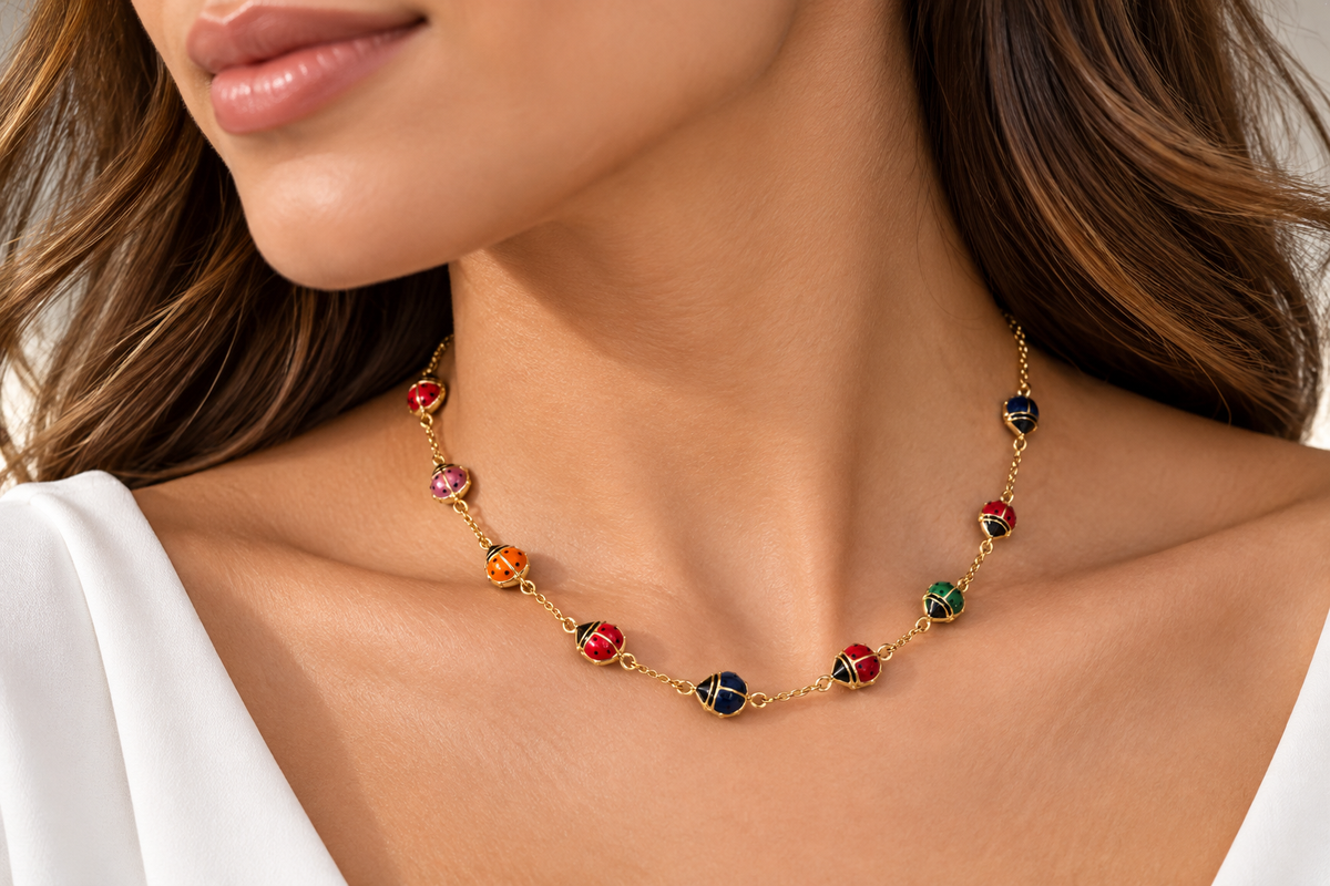 Ladies 14K Solid Yellow Gold Multicolored Enamel Ladybug Necklace