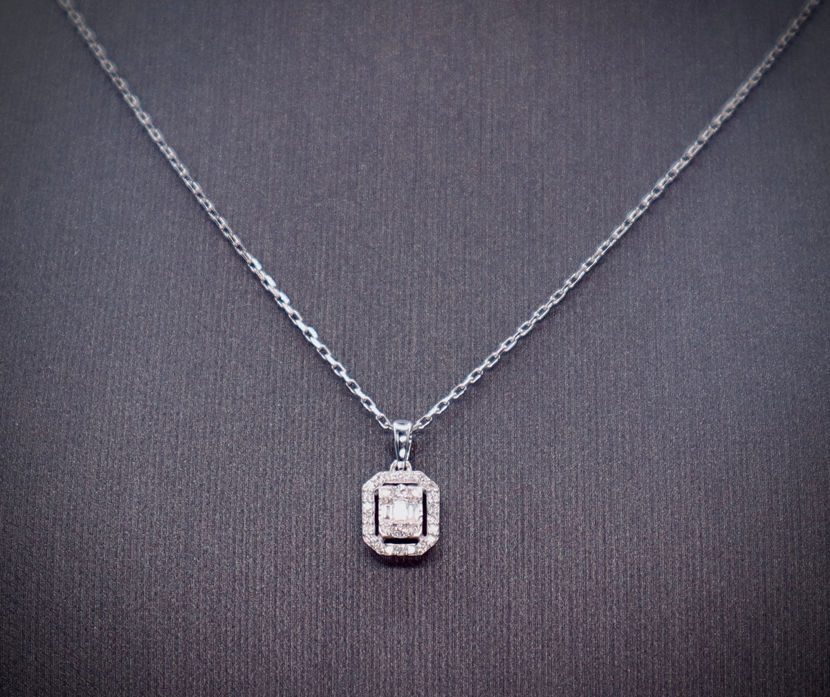 Ladies 18 Karat White Gold Emerald & Round Diamond Halo Pendant & Chain - Philadelphia Gold & Silver Exchange