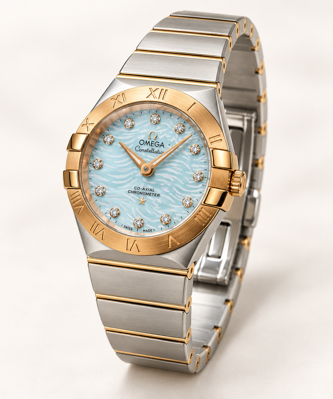 Ladies Omega Constellation 18 karat solid rose gold and stainless steel