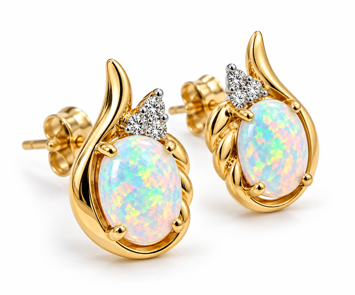 Ladies 10K Solid Yellow Gold 5 Carat Opal & Diamond Stud Earrings