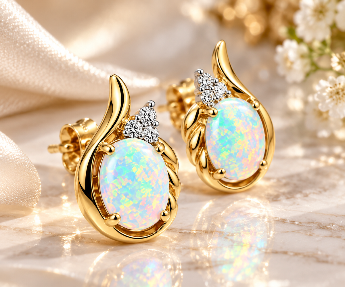 Ladies 10K Solid Yellow Gold 5 Carat Opal & Diamond Stud Earrings
