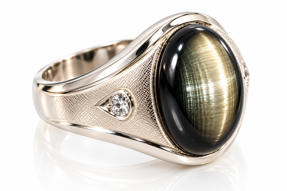 Men's 14K White Gold 28 Carat Natural Black Star Sapphire & Diamond Ring