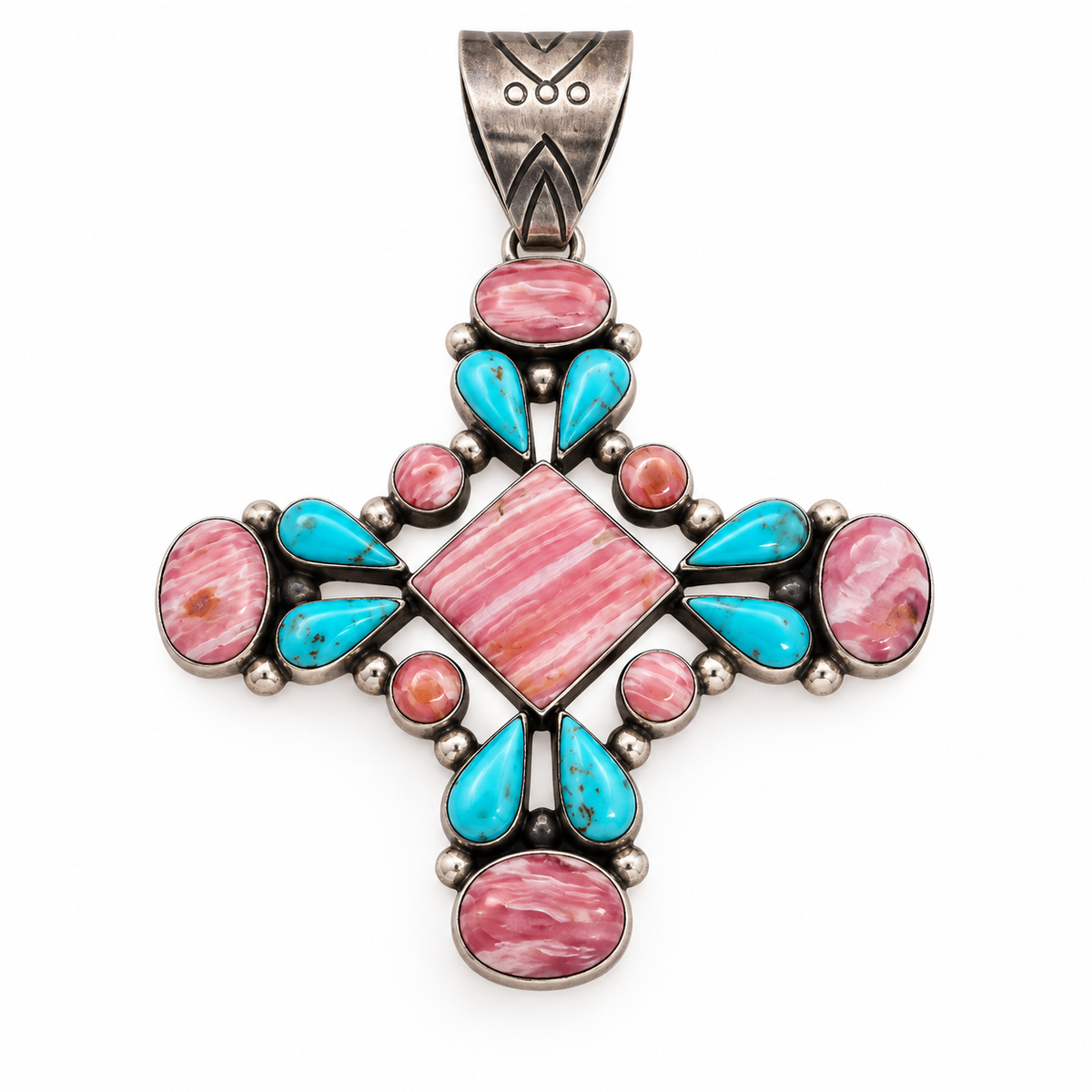 Turquoise and Pink Cabochon Cross Pendant in Antiqued Silver