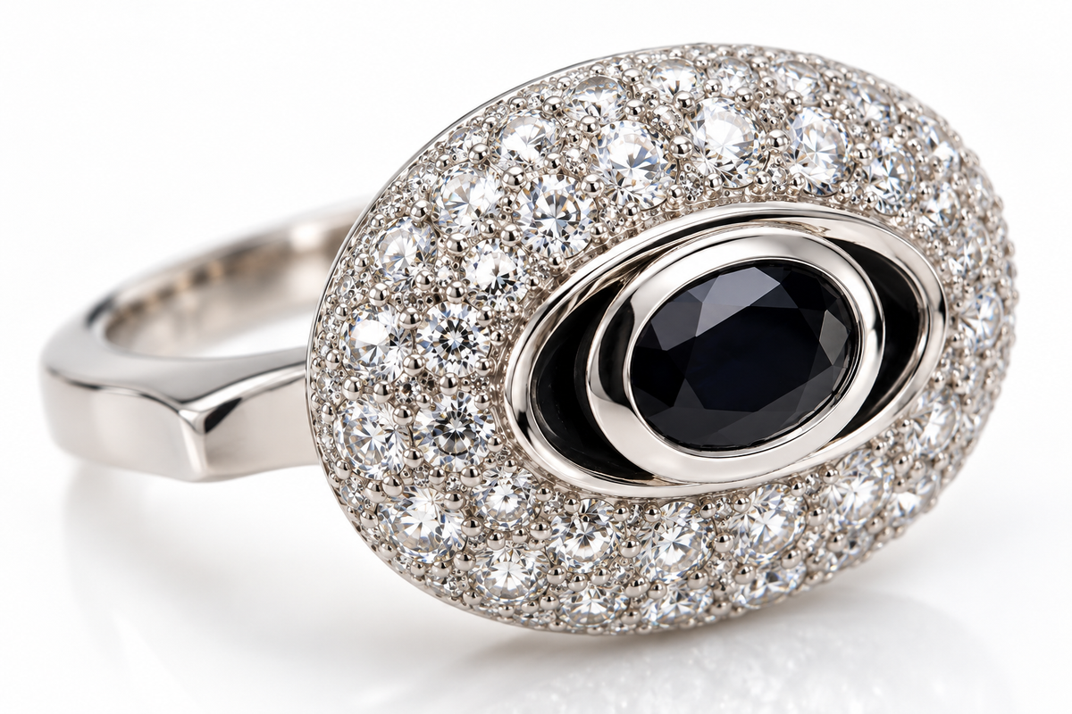 Ladies' 18K White Gold 6.25 Carat Diamond & Natural Sapphire Evil Eye Statement Ring