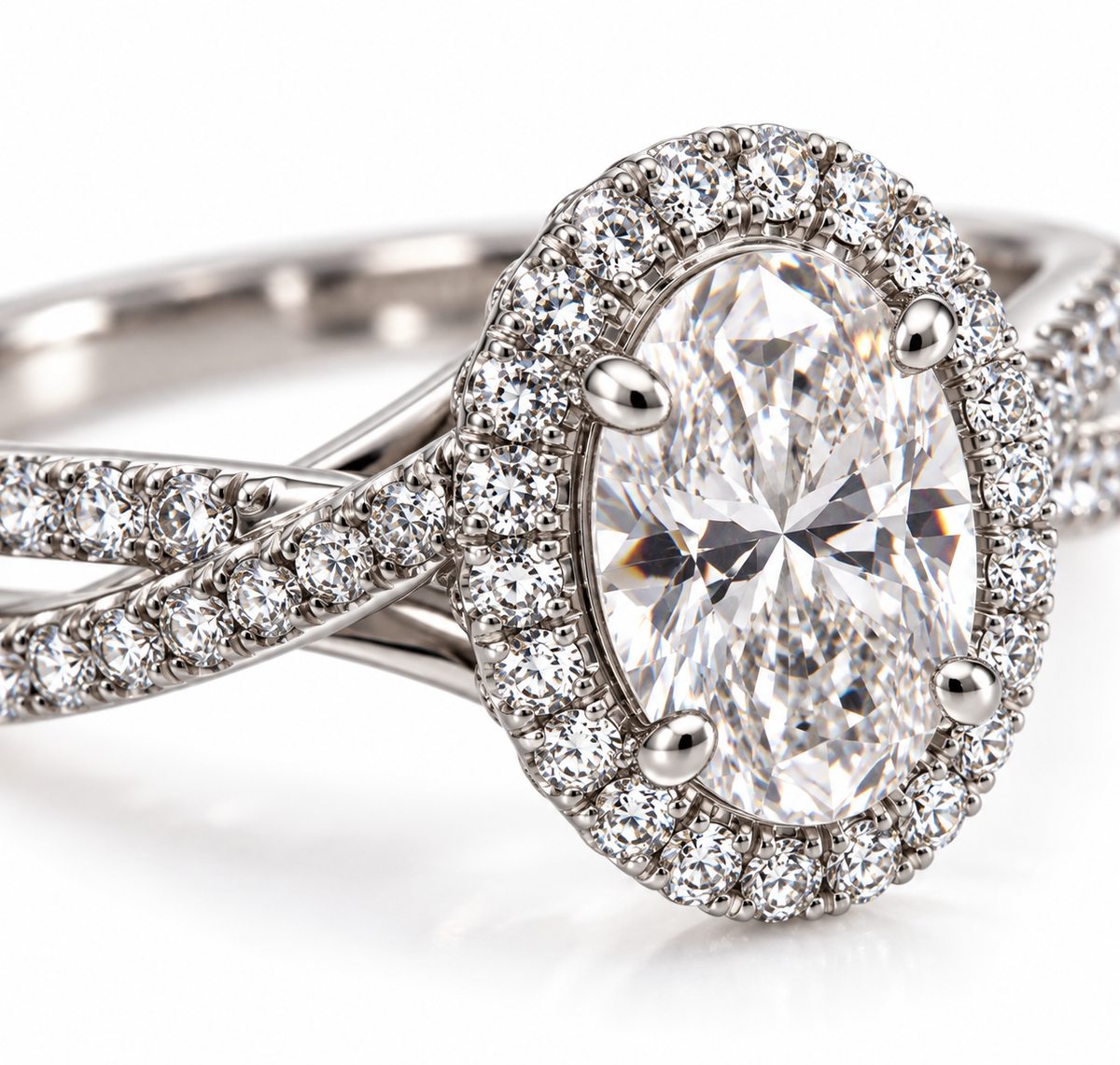 14 Karat White Gold Oval Diamond Halo Engagement Ring – 1.55 CTW