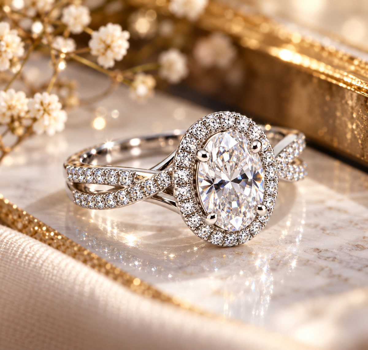 14 Karat White Gold Oval Diamond Halo Engagement Ring – 1.55 CTW