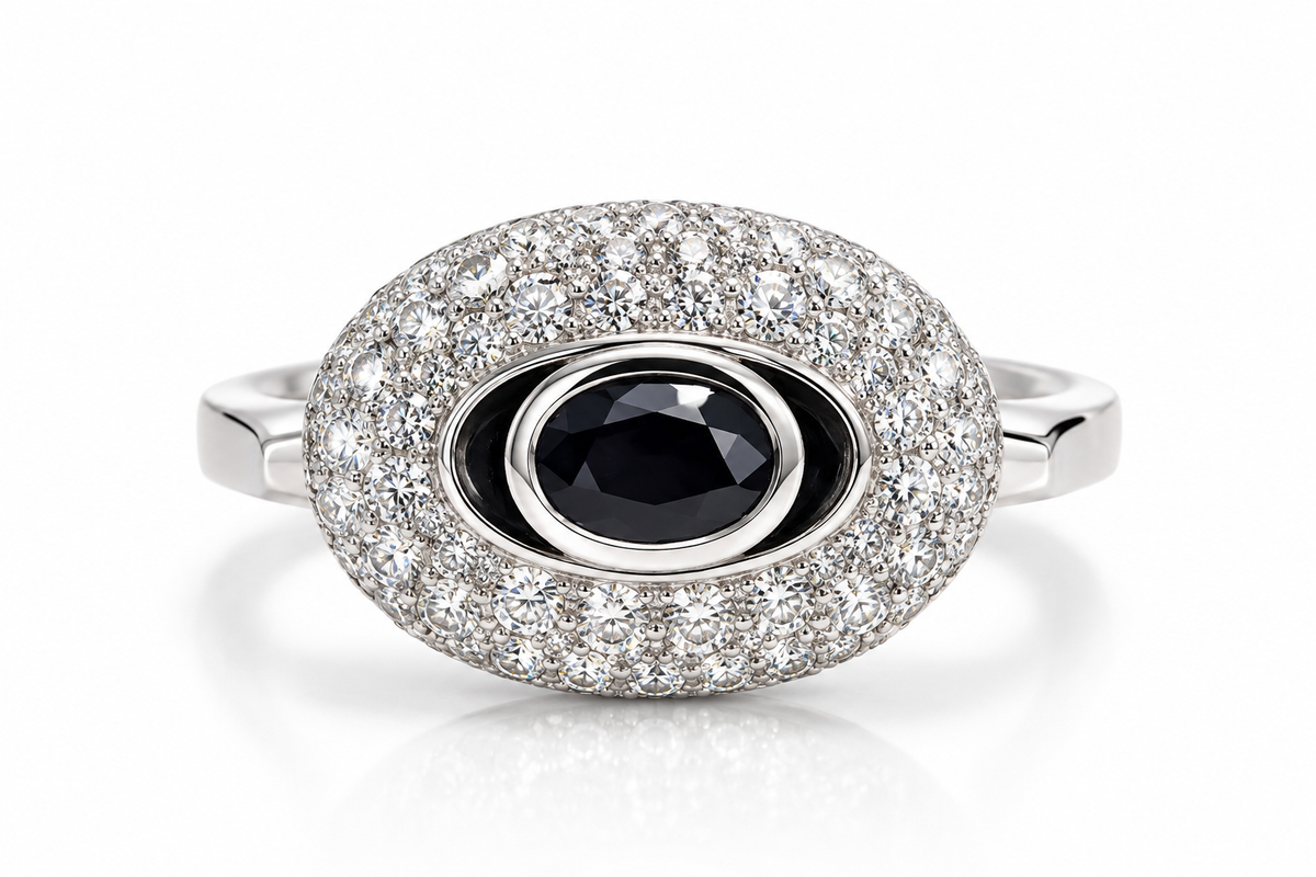 Ladies' 18K White Gold 6.25 Carat Diamond & Natural Sapphire Evil Eye Statement Ring