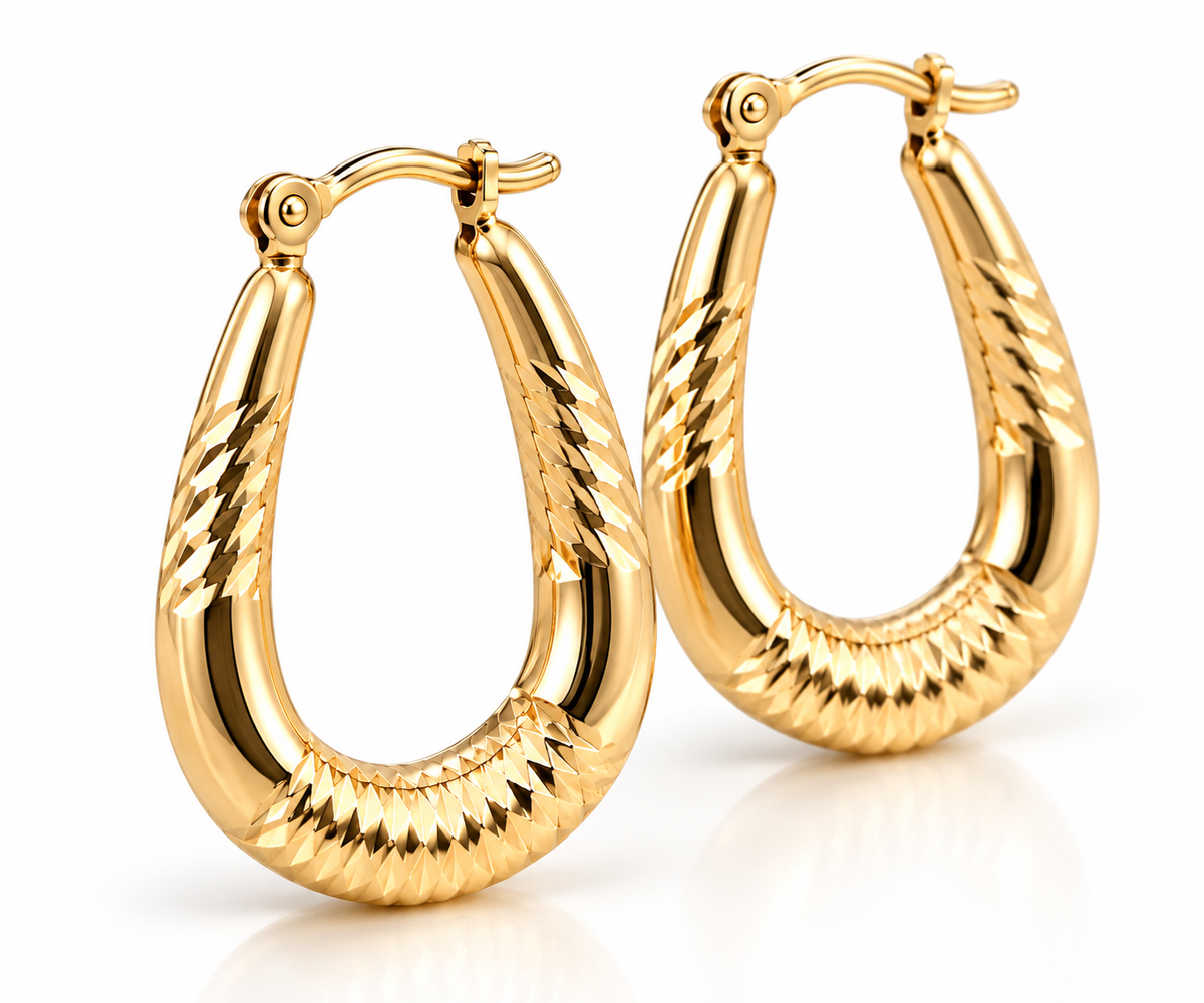 14K Yellow Gold Tapered Hoop Earrings with Diamond-Cut Design
