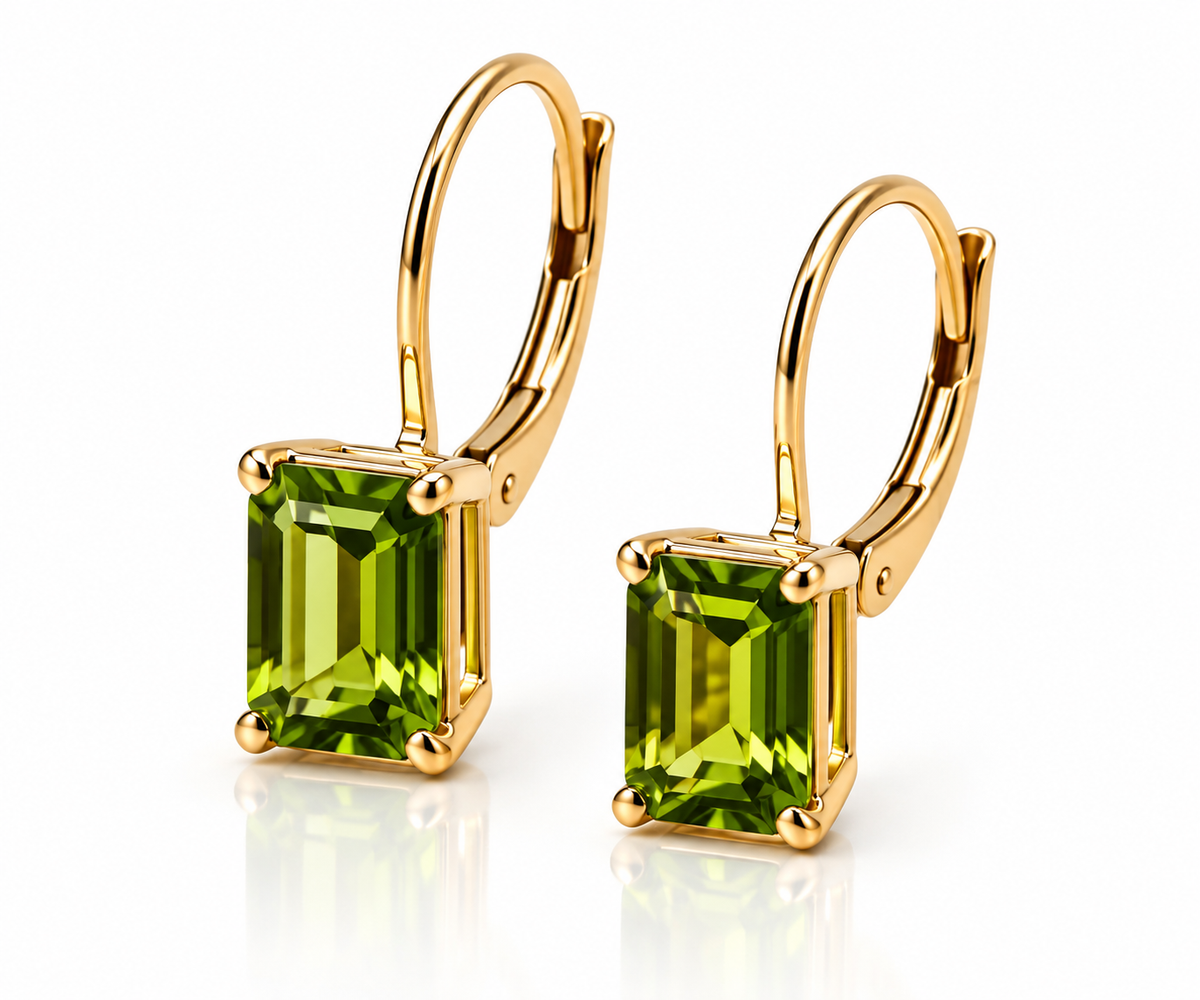 Ladies 14K Solid Yellow Gold Emerald-Cut Peridot Dangle Earrings – 2.00 CTW