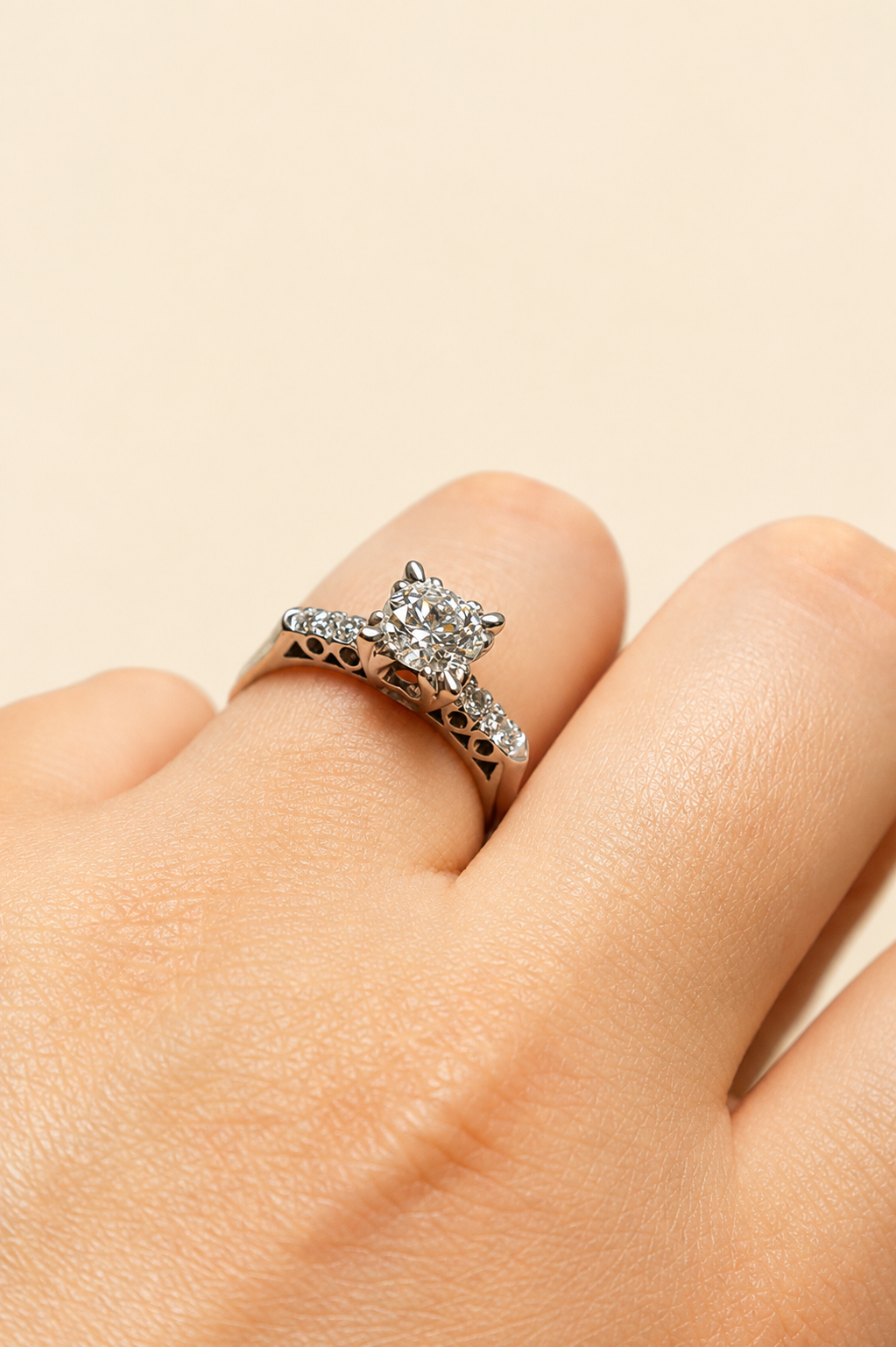 Ladies Vintage 14 Karat White Gold Diamond Engagement Ring