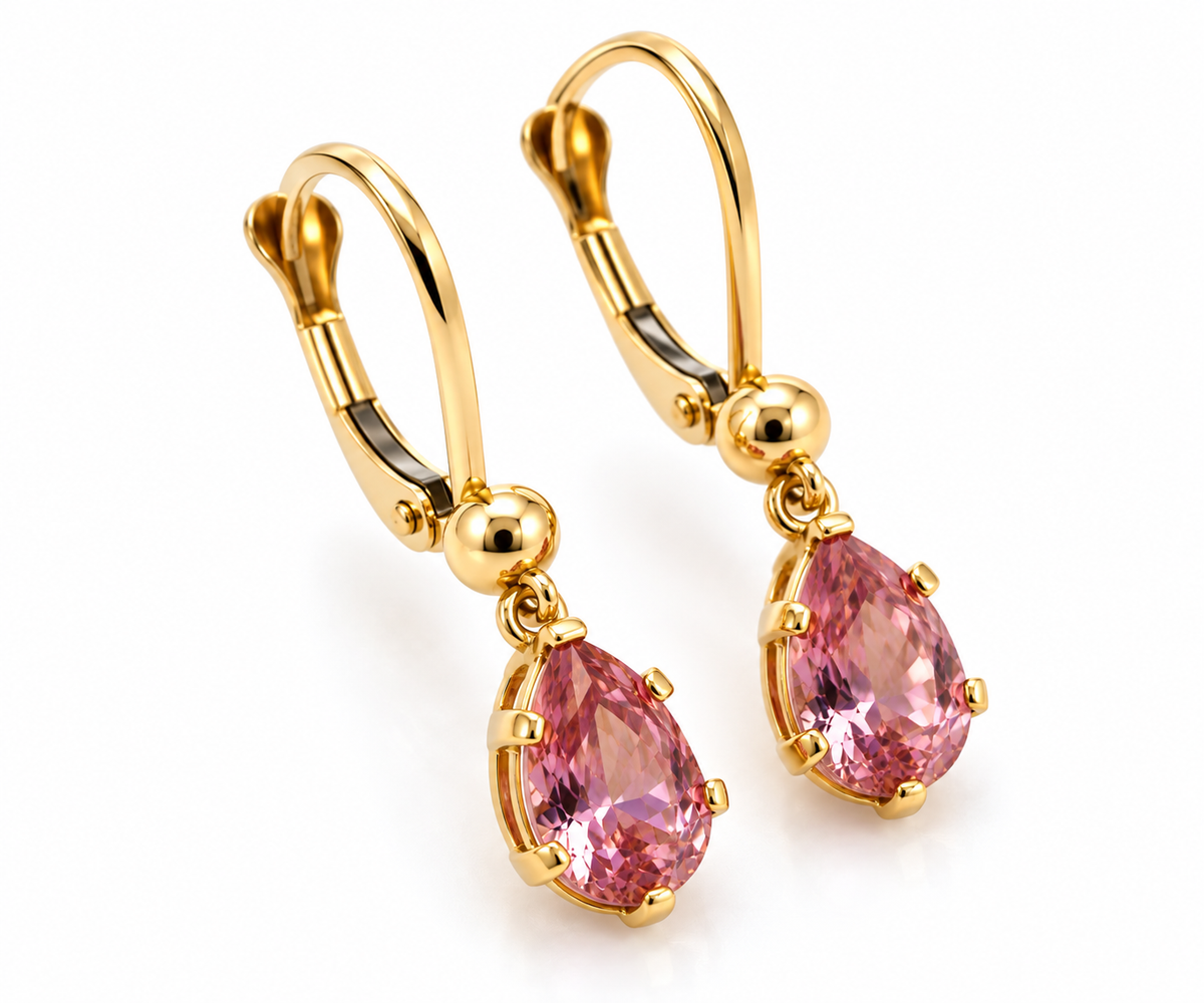 14K Solid Yellow Gold Dangling Pear-Shaped Earrings