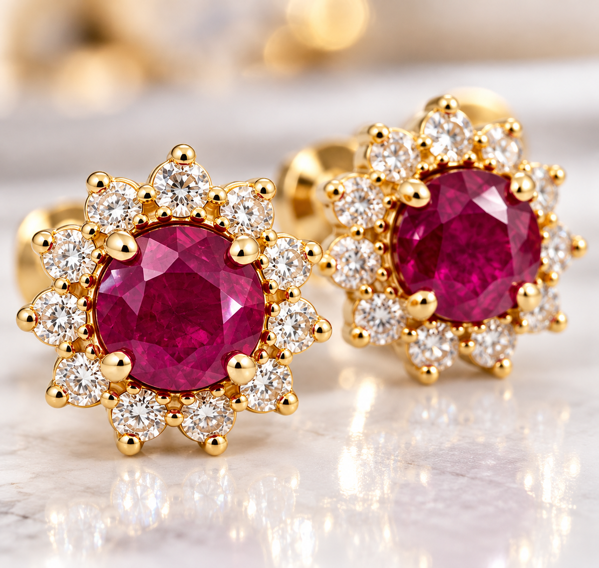 Ladies 14K Solid Yellow Gold Natural Ruby & Diamond Halo Stud Earrings – 1.25 Carats Total