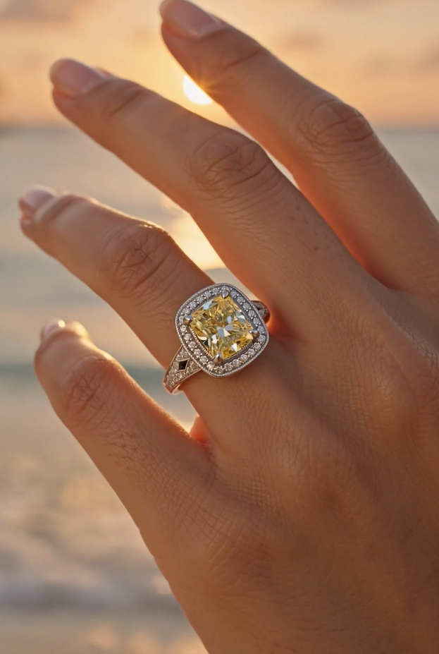 1.63ct Natural Fancy Yellow Diamond Halo Ring – 14K White Gold, GIA, Size 7¼