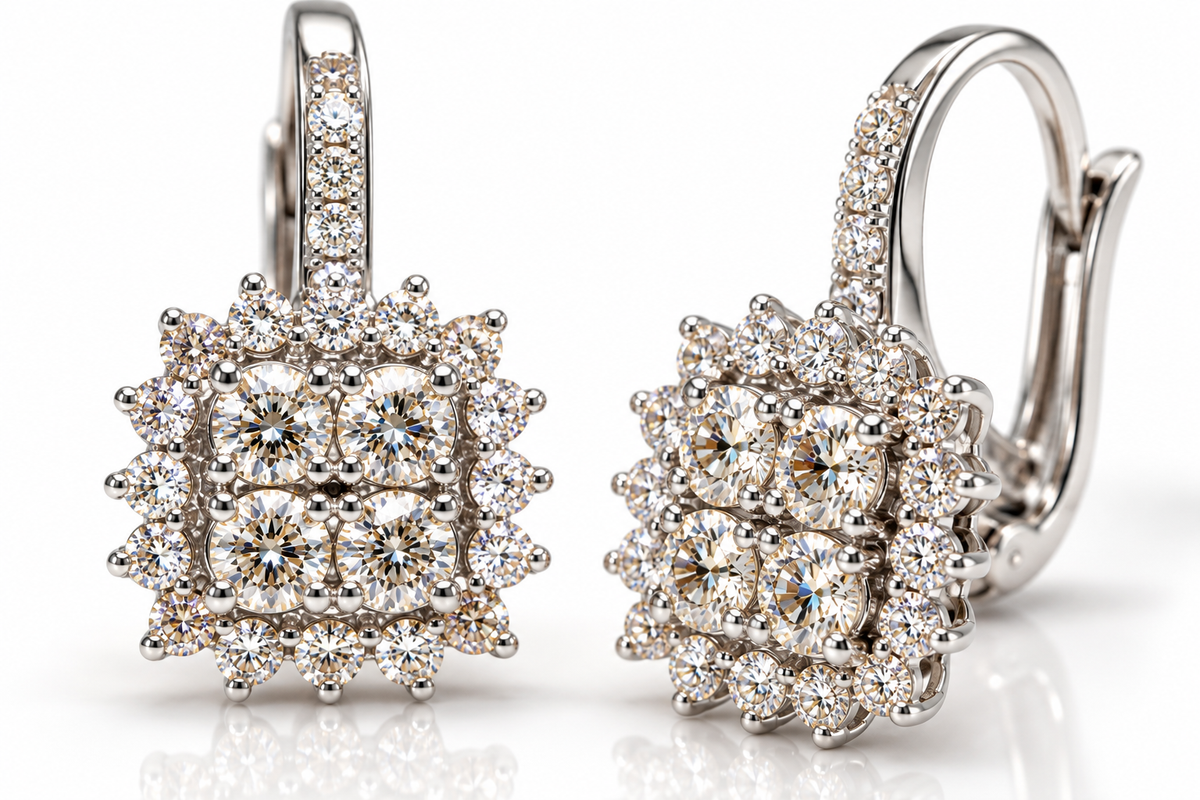 18K White Gold 3.50 Carat Diamond Cluster Drop Earrings