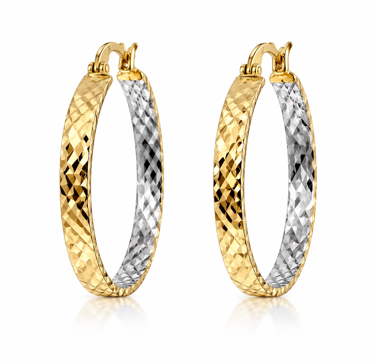 Italian 14K Solid Yellow Gold Two-Tone Diamond-Cut Hoop Earrings