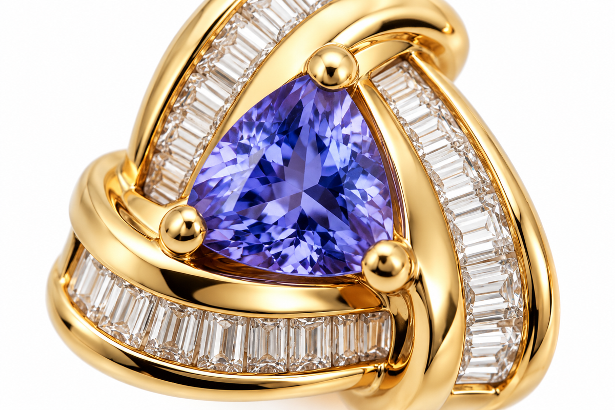 14K Yellow Gold Trillion Amethyst & Diamond Lever Back Earrings