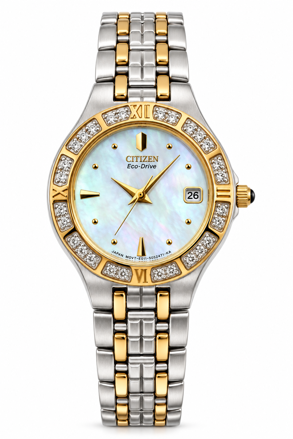 Citizen Eco-Drive two-tone stainless steel women watch with diamond accented bezel and mother of pearl dial
