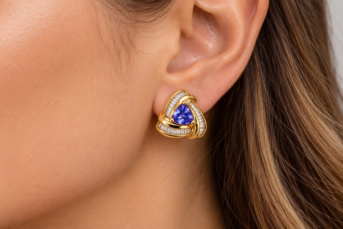 14K Yellow Gold Trillion Amethyst & Diamond Lever Back Earrings