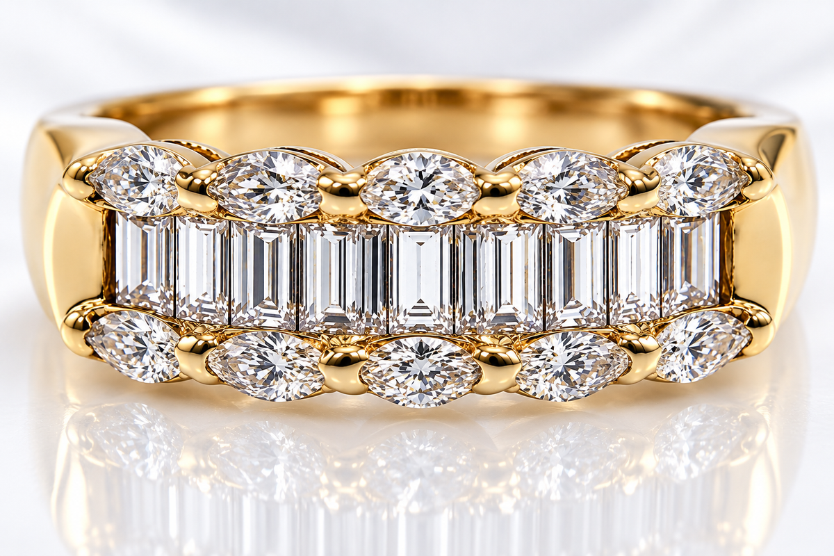 Ladies 14K Yellow Gold 2.65 Carat Diamond Baguette & Marquise Band Ring