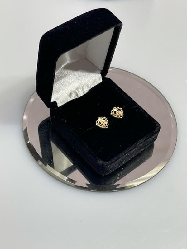 View two of 14KT Yellow & Pink Gold Heart Shaped Floral Post Earrings