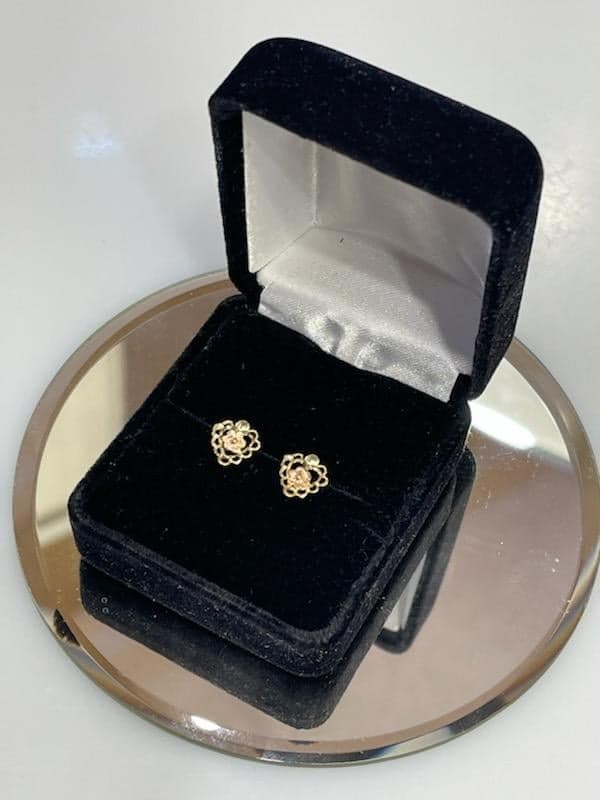 View three of 14KT Yellow & Pink Gold Heart Shaped Floral Post Earrings